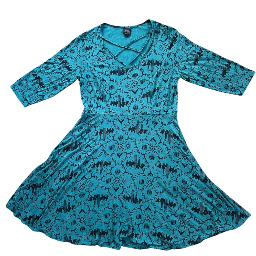 Hot Topic Fantastic Beasts Dress Womens 3X Teal Skater Excellent Strappy Neck